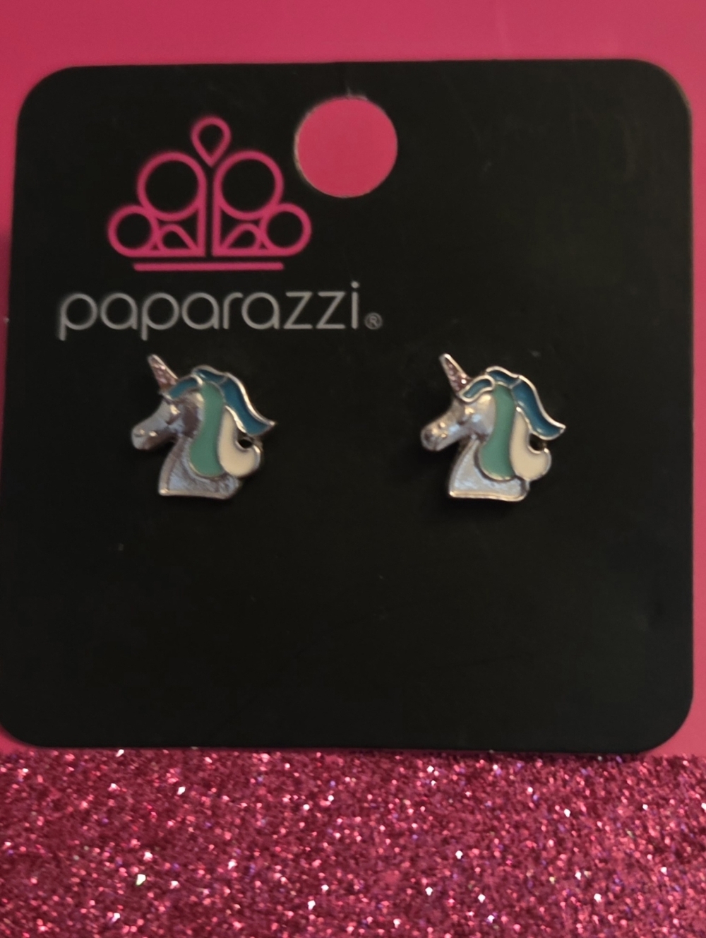 paparazzi Teal and White Unicorn Stud Earrings